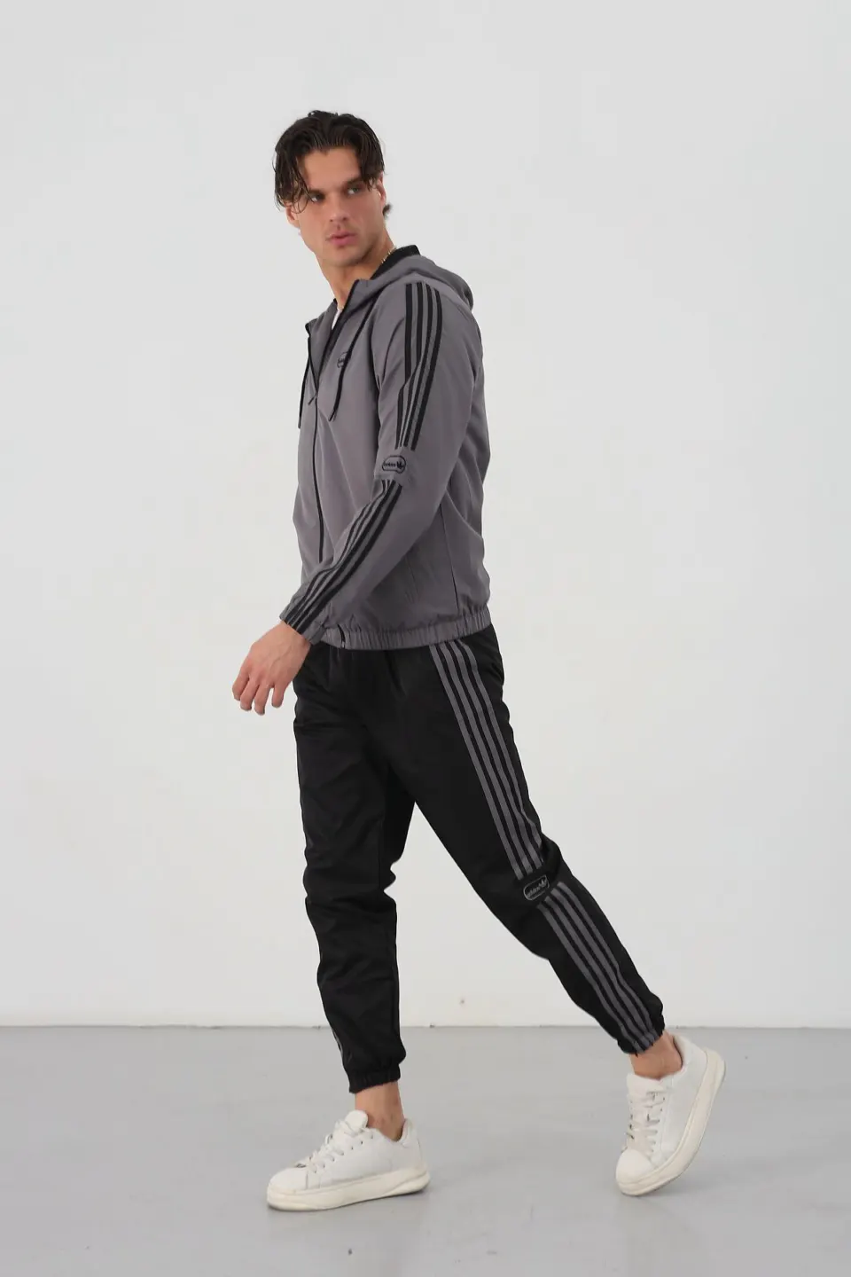 Triple Stripe Hooded Set — Grey