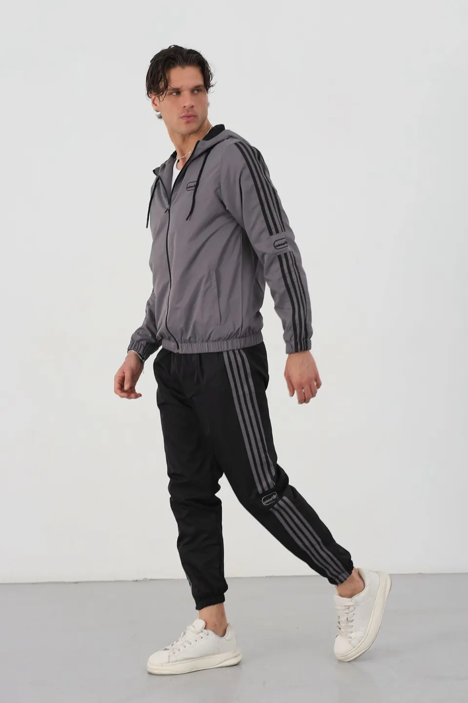Triple Stripe Hooded Set — Grey