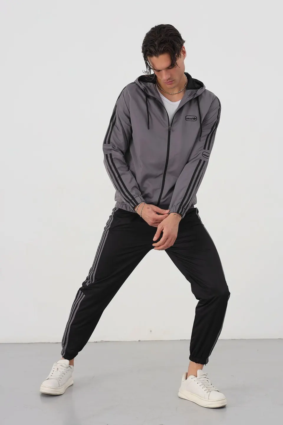 Triple Stripe Hooded Set — Grey