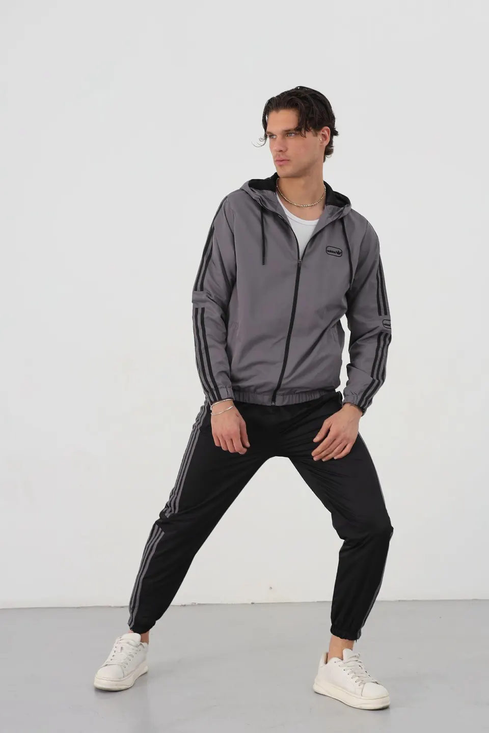 Triple Stripe Hooded Set — Grey