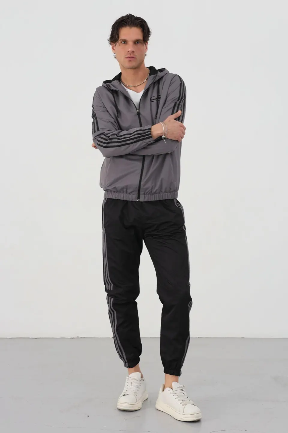 Triple Stripe Hooded Set — Grey
