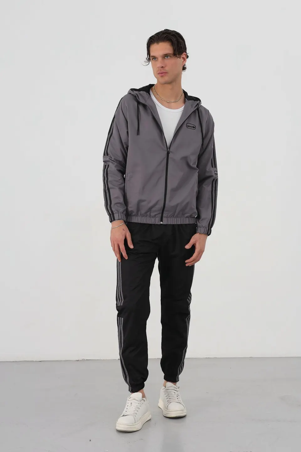 Triple Stripe Hooded Set — Grey