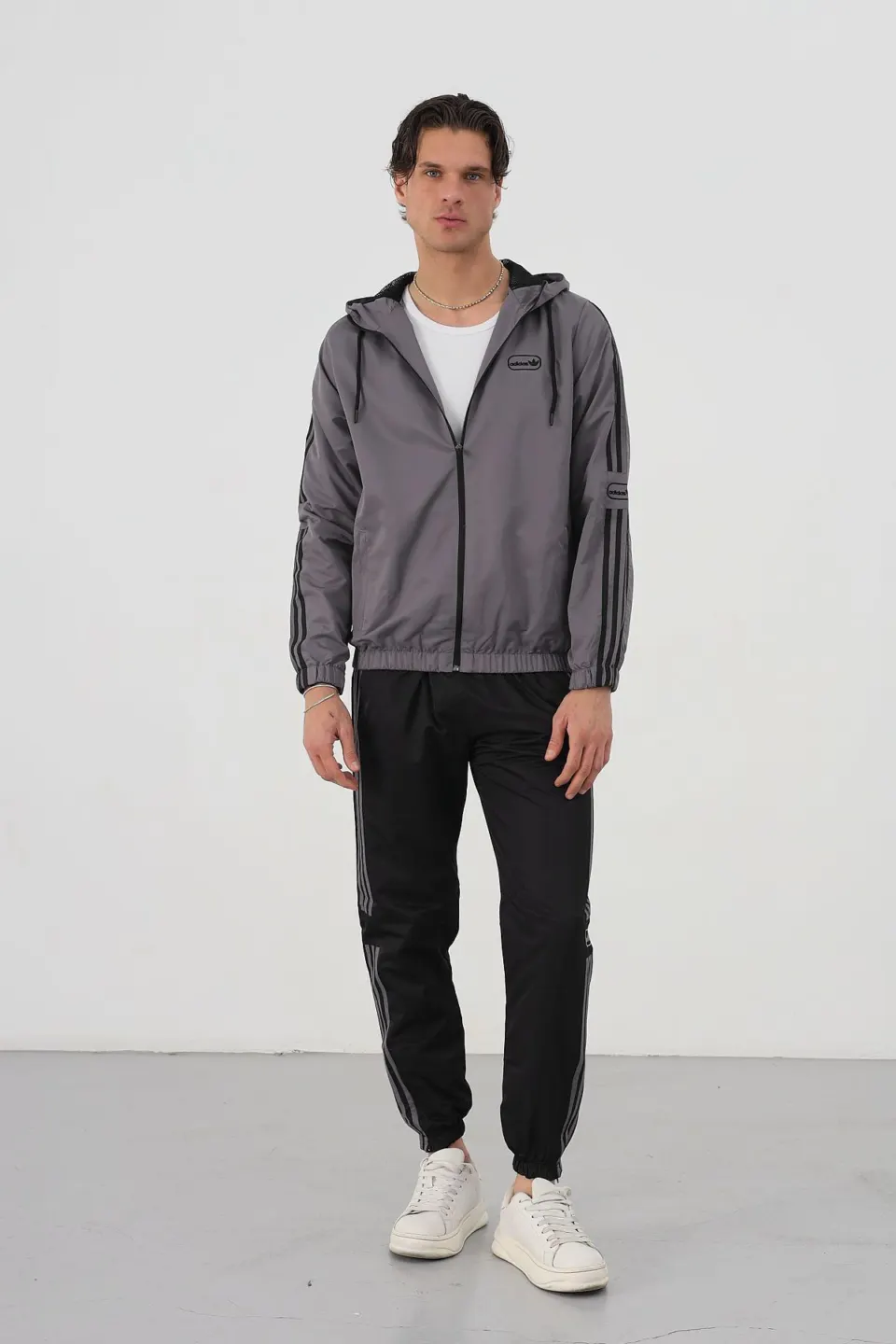 Triple Stripe Hooded Set — Grey